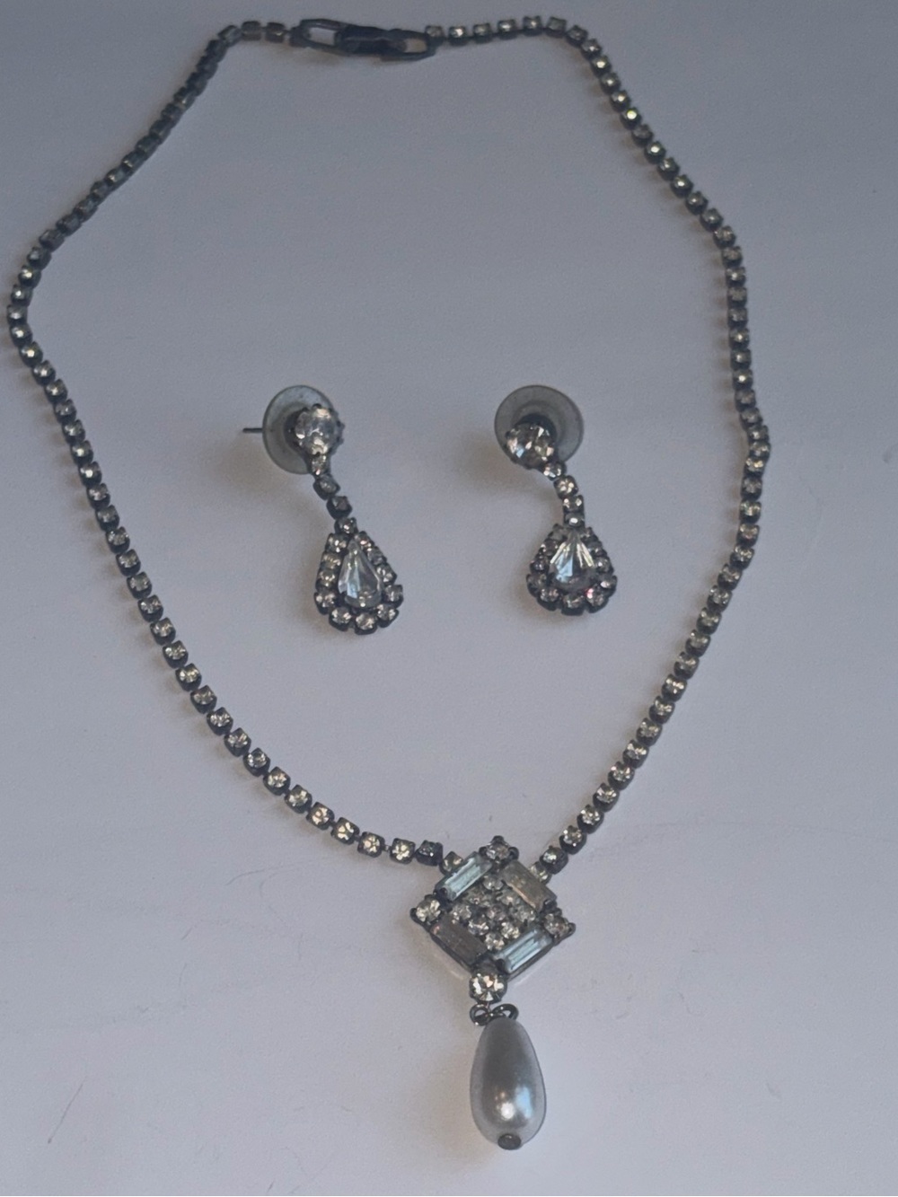 Vintage Rhinestone Necklace & Earrings Set Faux Pearl Art Deco Style Silver Tone
